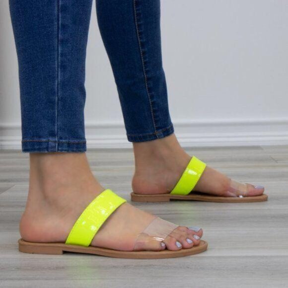 Neon & Clear Strap Sandals Flat Sole Slip-On - Picture 6 of 8